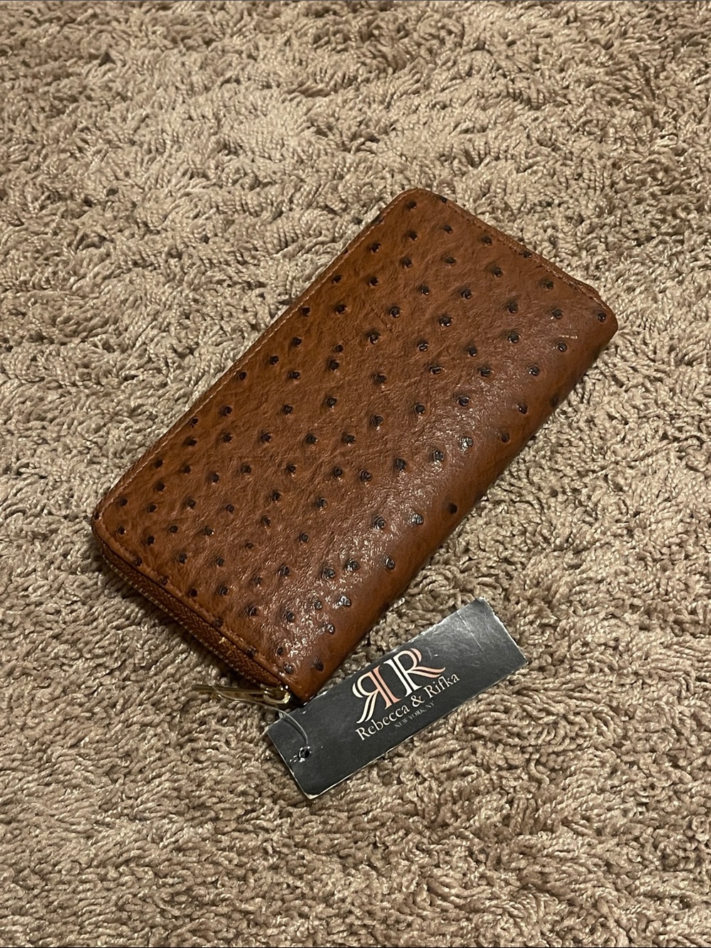Rebecca & Ritka Brown Ostrich-Embossed Zip Wallet